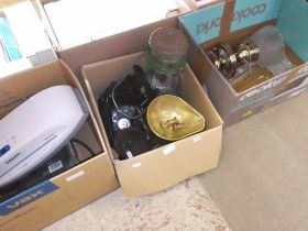 Three boxes of assorted items including a vintage telephone, a tilley lamp, scales and weights etc.