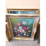 A 20th century school, oil on canvas, still life of flowers, gilt frame, together with a print of