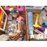 Two boxes of assorted items including Party Pigs, a Royal Doulton character jug, an eastern oil