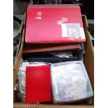 A box of stamp albums and loose stamps