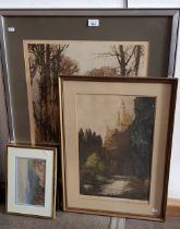 Four pictures; a Claude Hulke watercolour, another watercolour signed W Gibbon, a coloured engraving