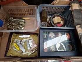 Box of collectables including trinket boxes, penknives and epns cutlery etc