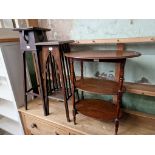 Two Edwardian oak plant stands and an oak occasional table