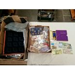 A box of GB & world coins and banknotes with a box of accessories.