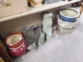a collection of garden ornaments and planters - appx 10 pieces total