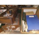 A box of misc items - mainly stamps and albums. Some dominoes and books, together with a box of