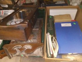A box of misc items - mainly stamps and albums. Some dominoes and books, together with a box of