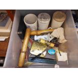 A box of assorted collectables to include Cheroots with cases, napkin holder, Swan fountain pen in