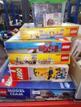 Five boxed Lego sets; #6073 castle, #6385 fire station, #6080 castle, #744 Scatola universale and #