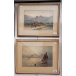 T Wild (British 19th century), pair of watercolours, a landscape scene and a seascape with boats,