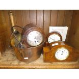 3 mantle clocks including one by Comitti, brass jam pan and a brass shovel with wooden handle