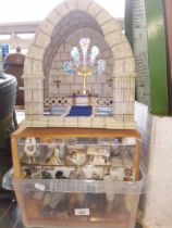 A box of assorted dolls house dioramas, clock and an altar model