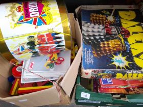 2 boxes containing a collection of vintage toys and games to include Lasy construction set, boards