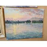 20th century school, oil on canvas, seascape with boats, signed 'RICHARD WOOD', unframed...