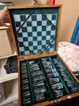 Unusual ‘shot glass’ chess set with board - in wooden case with key