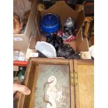 A box of misc to include cash box, wooden box, terracotta money box, pottery jardiniere etc