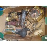 A box of automobilia and motoring items including vintage horns, etc.