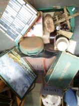 A mixed lot including a vintage Kienzle mantle clock.laundry case, vintage cassettes and a box of