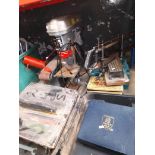 A mitre saw block, a box containing 8 Stanley chisels, a pillar drill, a bench belt sander, a