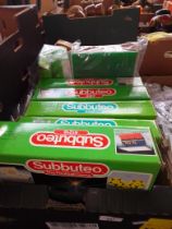 A box of Subbuteo stadium accessories, mainly boxed.