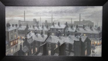 Steven Scholes (b1952), "Heywood Greater Manchester 1962", oil on canvas, 37.5cm x 19.5cm, signed,