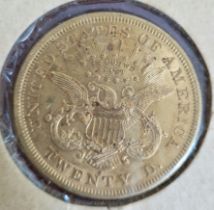 A United States of America 1875 Liberty Head gold $20 'Twenty D.' coin.