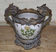 A bronze mounted Chinese crackle glaze porcelain jardiniere, decorated in over enamels with