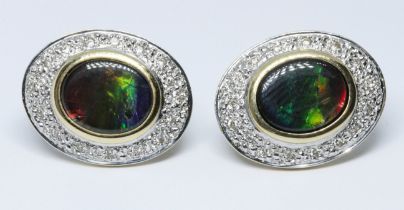 A pair of ammolite and diamond cluster earrings, marked '18K', gross wt. 7.8g, length 20mm.