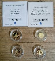 A group of four assorted .585 gold coins & a 2007 gold plated penny. 4 coins comprising of a