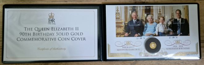 A Jubilee Mint 'THE QUEEN ELIZABETH II 90TH BIRTHDAY SOLID GOLD COMMEMORATIVE COIN COVER', Elizabrth