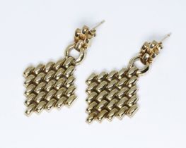 A pair brick link earrings, marked 'KT9', length 40mm, wt. 9.4g.