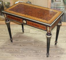 A fine Louis XVI style card table, the amboyna and burr walnut top with parquetry inlay and ebonised