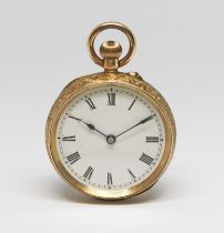 A ladies pocket watch, white enamel dial with Roman numerals, spade and whip hands, engraved case,