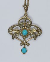 An early 20th century Art Nouveau style split pearl and turquoise pendant brooch, marked '9ct',
