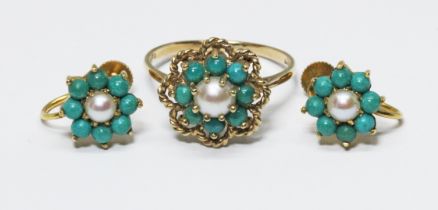 A turquoise and split pearl cluster ring, hallmarked 9ct gold, together with a pair of similar