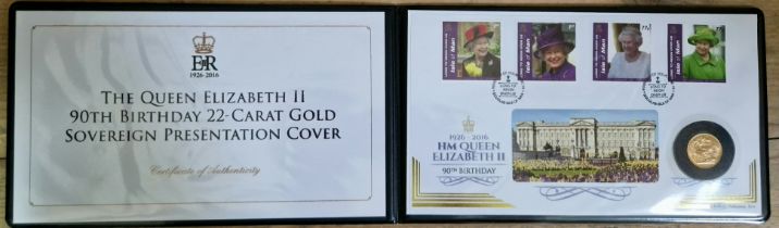 A Jubilee Mint 'THE QUEEN ELIZABETH II 90TH BIRTHDAY 22-CARAT GOLD SOVEREIGN PRESENTATION COVER'