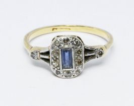 An Art Deco diamond and sapphire ring, band indistinctly marked, gross wt. 2.5g, size L. Condition -