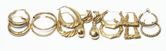 Seven pairs of 9ct gold earrings, wt. 16.2g.