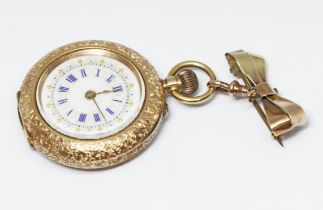 A ladies pocketwatch, engraved case, diam. 34mm, white enamel dial, marked '14K', inner metal dust