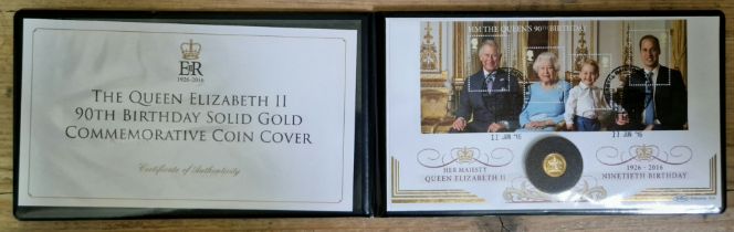 A Jubilee Mint 'THE QUEEN ELIZABETH II 90TH BIRTHDAY SOLID GOLD COMMEMORATIVE COIN COVER', Elizabrth