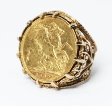 A Victorian Melbourne Mint 1897 sovereign ring, hallmarked 9ct gold, gross wt. 14.6g, size M.