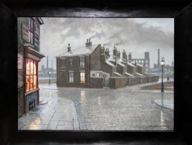 Steven Scholes (b1952), "The Corner Shop Ancoats Manchester 1962", oil on canvas, 39.5cm x 29.5cm,