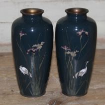A pair of Japanese cloisonne vases, decorated with cranes amongst iris flowers, seal mark to base of