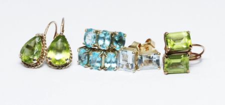 Four pairs of assorted earrings comprising aquamarine, apatite and peridot, two pairs hallmarked 9ct