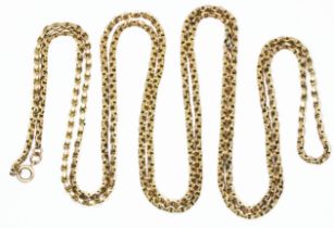 An antique guard or muff chain, bolt ring clasp, marked '9c', length 146cm, wt. 35.9g. Condition -