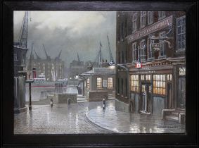 Steven Scholes (b1952), "The Tiger Inn Tower Wharf Pier 1958", oil on canvas, 39.5cm x 29.5cm,