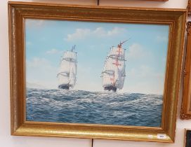 20th century school, oil on canvas, ships in full sail, 59.5cm x 44.5cm, signed 'B J Phillips' to
