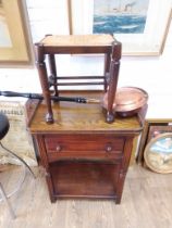 A mixed lot furniture comprising a Priory style cabinet, a tray, a rush stool and a bed warming pan.