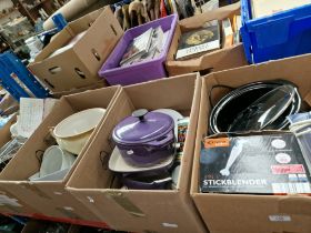 Four boxes of kitchen utensils including crock pot, casserole dishes, stick blender, Phillips