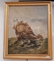 20th century school, oil on board, ships on a rough sea, 54cm x 67cm, signed to lower right, gilt